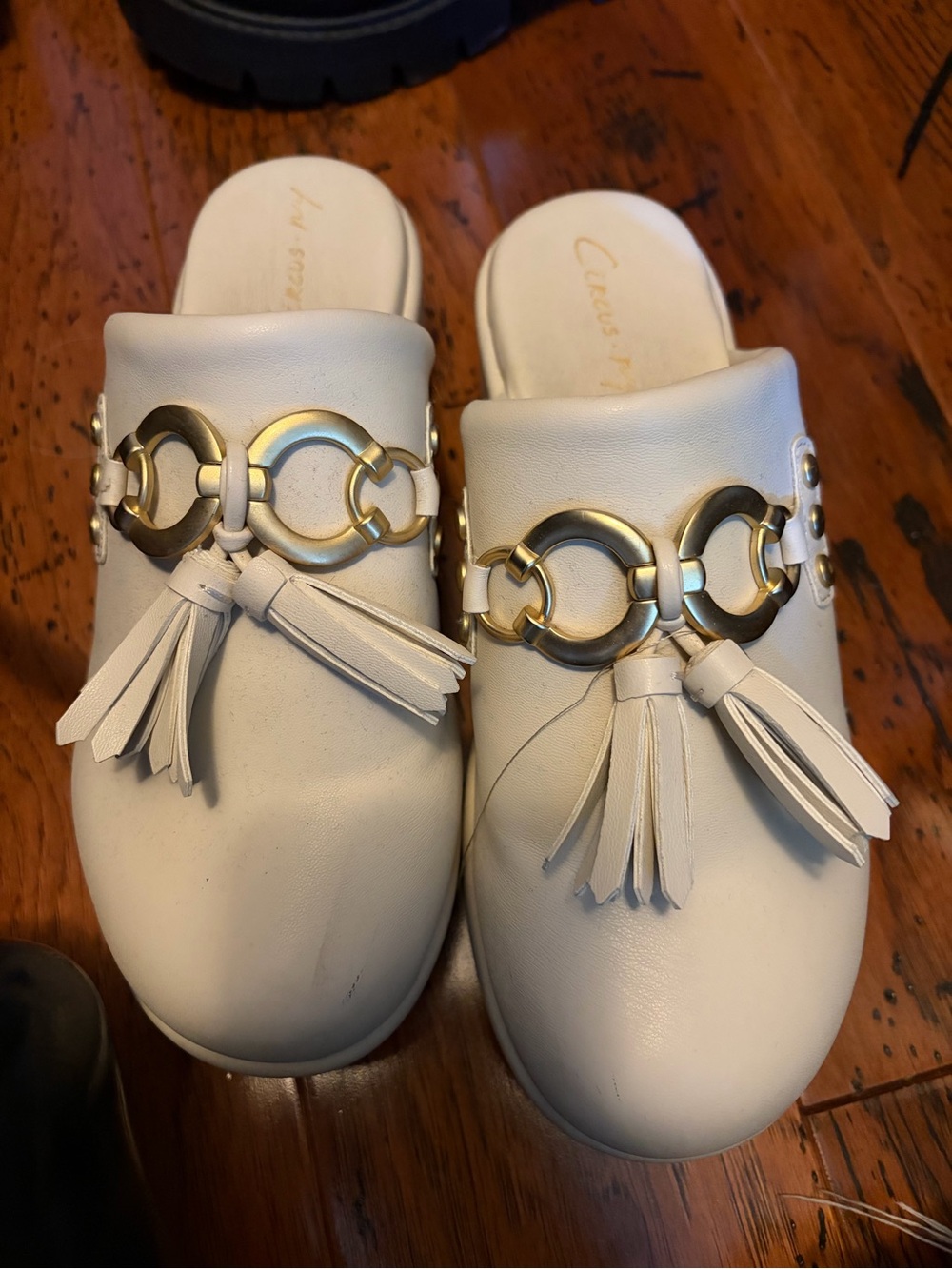 Circus by Sam Edelman Cream Leather Mule Slides with Gold Rings & Tassels